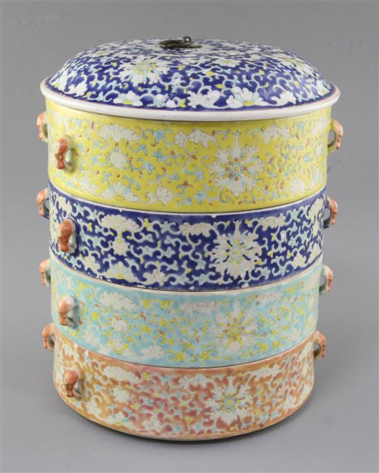 A Chinese Straits enamelled porcelain four tiered box and cover, Teng-kat, late 19th century, height 25cm
